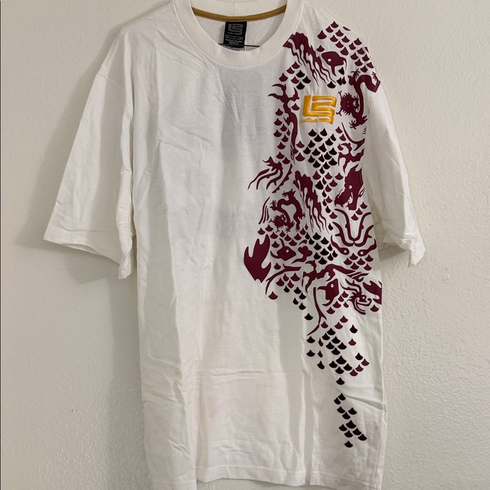 Nike LeBron James Unlimited White Tee with Maroon Dragon and Gold Emblem